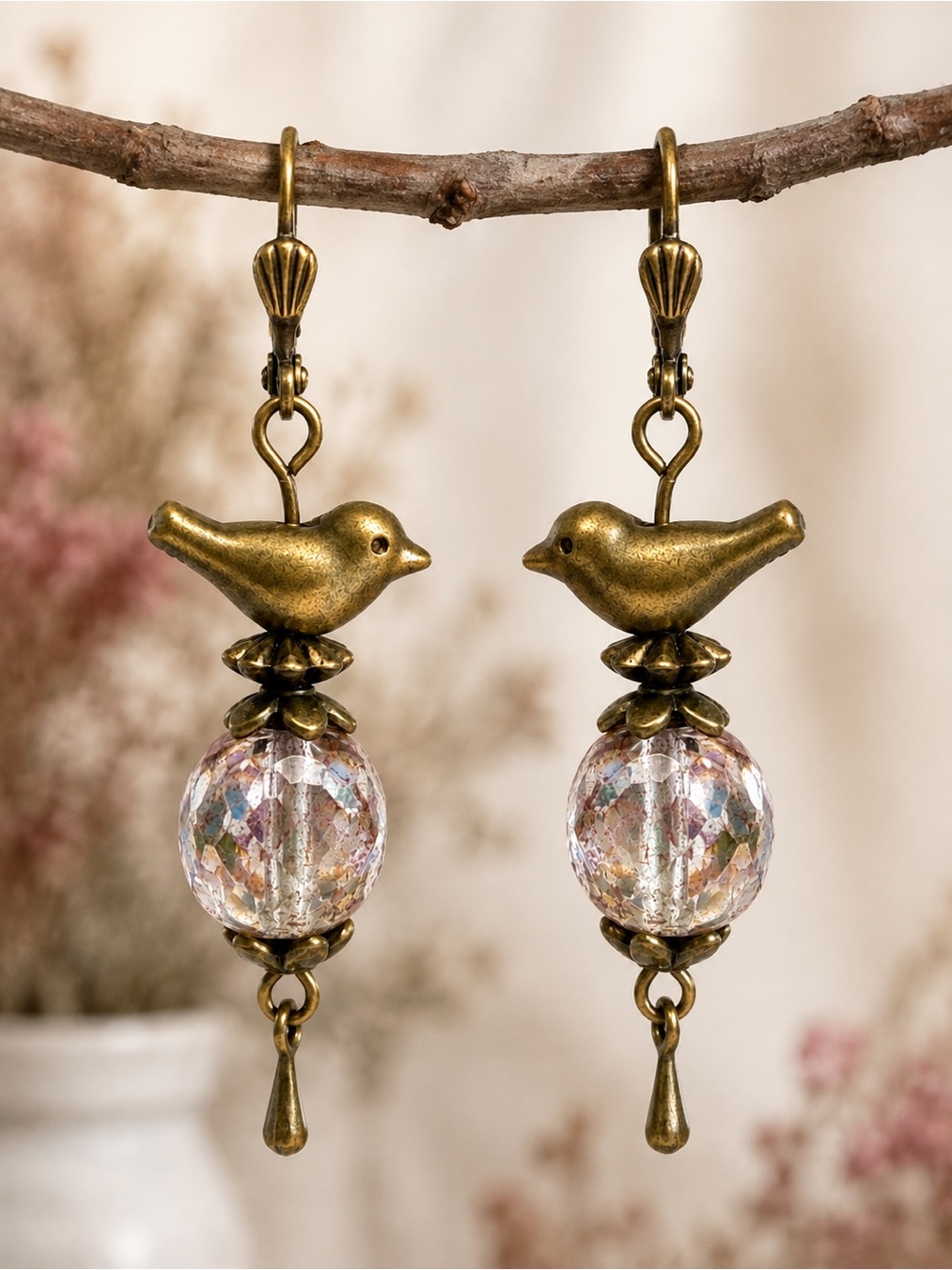 OOAK Czech Glass Bird Earrings, Antique Brass, Premium Leverbacks